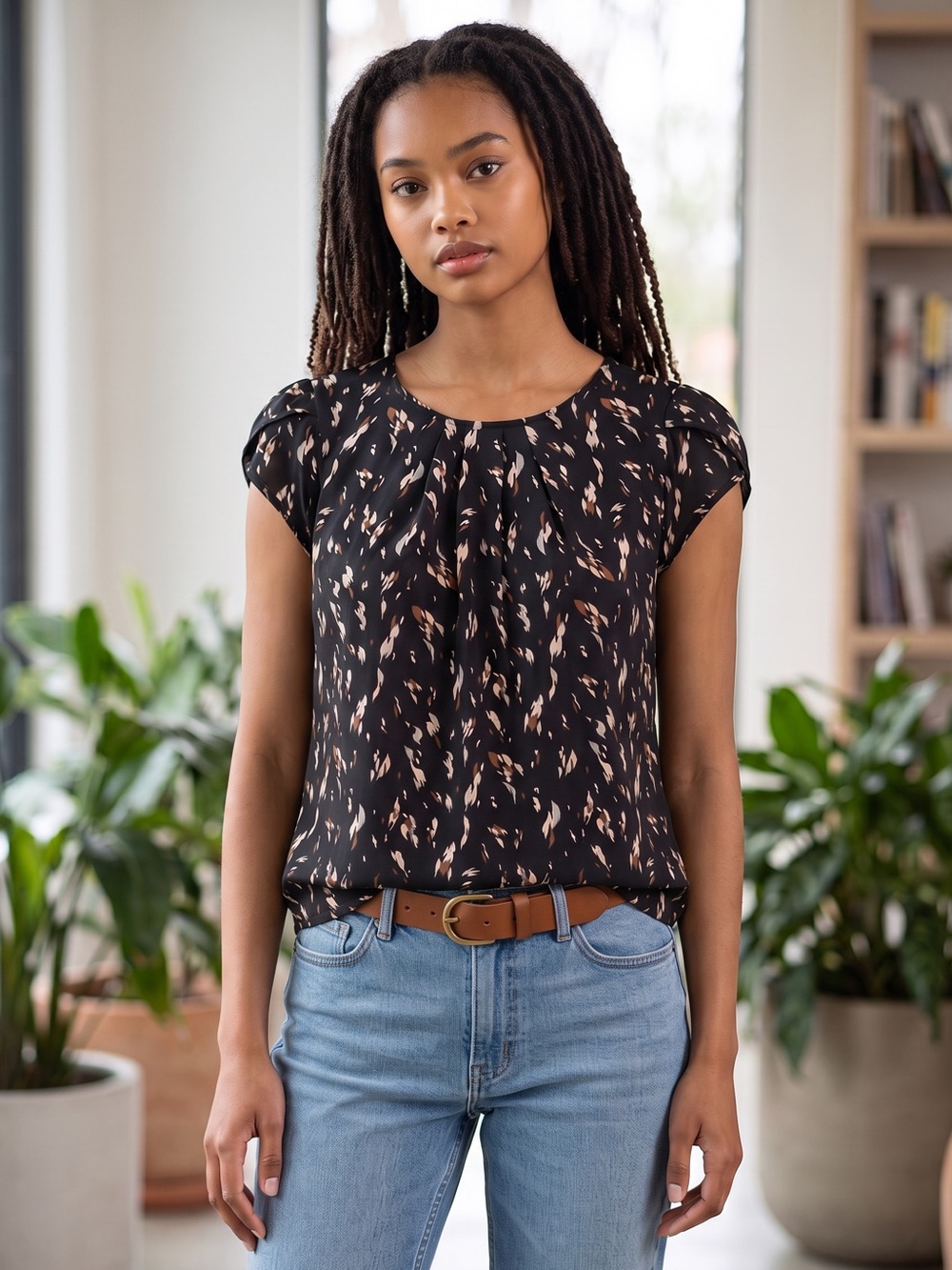 Tasamo Black Abstract Leaf Print Petal Sleeve Blouse Size M NWOT